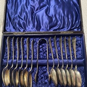 Antique Set of 12 Silver Plated Spoons & 1 Pair Tongs & original box c. 1880s